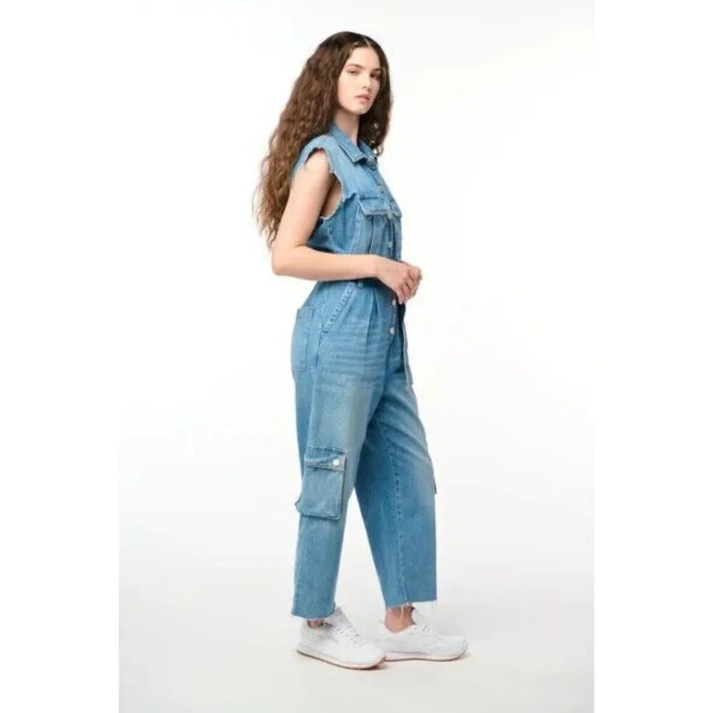 Blank NYC Denim Jumpsuit SMALL Relaxed Fit Belted Cropped Raw Straight Leg‎